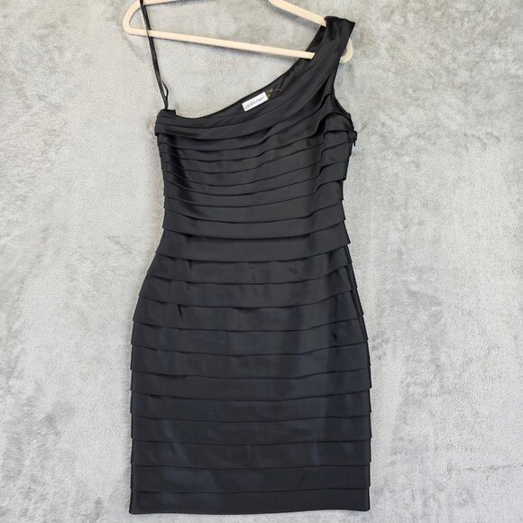 Calvin Klein Dress Womens 4 Black One Shoulder Tiered Bodycon Cocktail Party - Picture 1 of 9